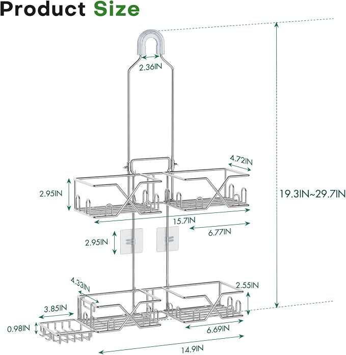 Sewulidon Stainless Steel Shower Caddy Hanging for Handheld Shower Heads,Rustproof Hose Shower Organizer Adjustable Length Shower Rack with 24 Hooks,Razor Holder,Soap Holder
