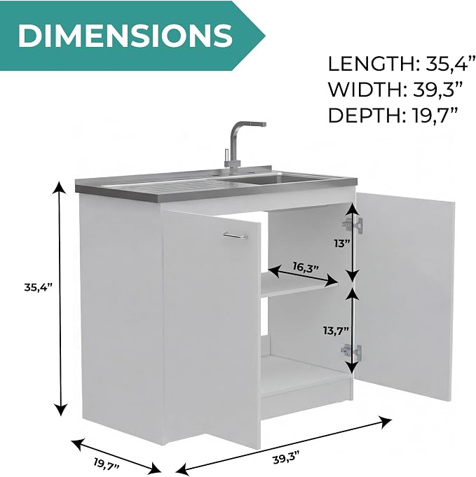 Tuhome Napoles Utility Sink Base Cabinet with Integrated Stainless Steel Countertop, Freestanding Cabinet with Double Doors, Interior Shelf for Laundry Room, Utility Room, Mudroom or Kitchen