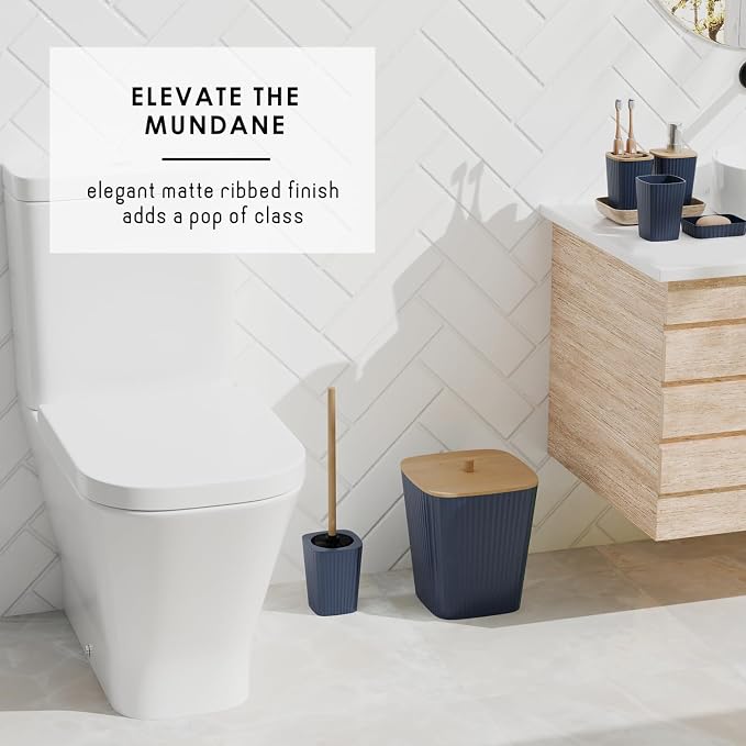 Clara Clark Bathroom Accessories Set - Bathroom Set, Bathroom Accessory Set, Shower Curtain Set, Toilet Brush, Trash Can & Soap Dispenser - Navy - 20PC