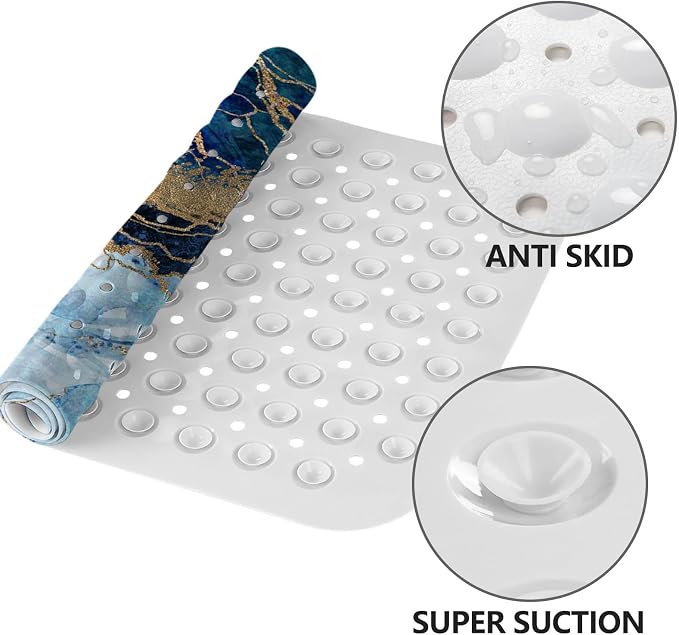 LNOND Marble Bath Tub Mat Non Slip, Extra Long 40 X 16 Inch Anti Slip Mat for Bathtub, Blue and Gold Marble Shower Mat with Drain Holes and Suction Cups, Machine Washable