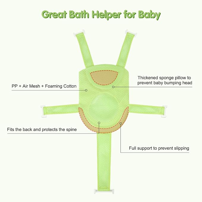 Colorlife Baby Bath Seat Support Net Infant Bathing Seat Support Mat, Adjustable Comfortable Non-Slip Five-Pointed Baby Shower Net Bathtub Sit Up Mesh for Newborn 0-12 Months-Grass Green(No Bathtub)