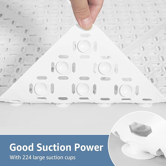 Yolife Square Shower Mat, 27" x 27" Large Shower Mat with Center Drain Hole, Soft TPE Non Slip Shower Mats for Inside Shower with Suction Cups, Anti Slip Washable Shower Floor Mat, White