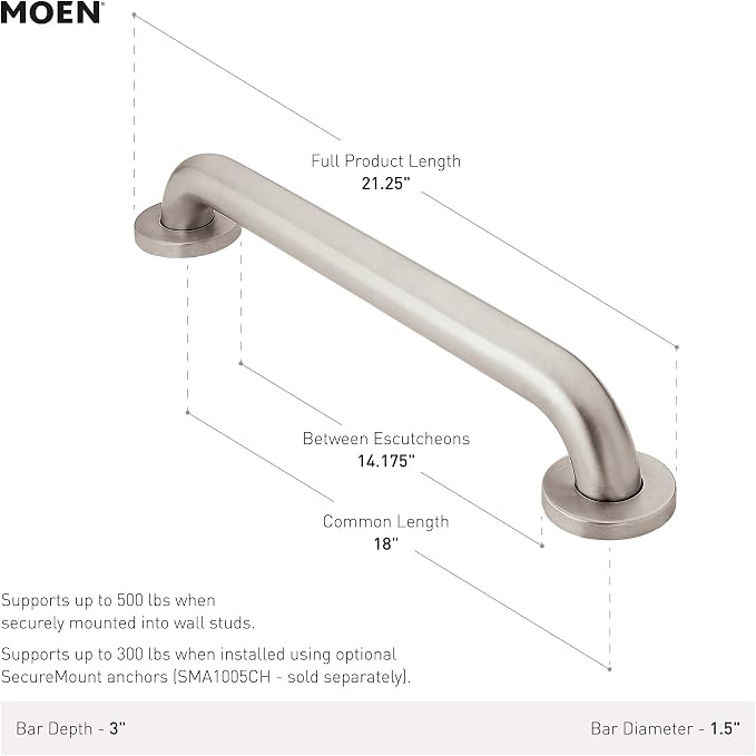 Moen Home Care Bathroom Safety 18 Inch Stainless Steel Handicap Grab Bar for Bathtub and Shower, Slip Resistant Finish, Elderly Assistance Product, Polished Brass, R8918P (Pack of 2)