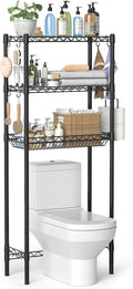 Hodonas Over The Toilet Storage Shelf, Adjustable Bathroom Organizer with Toilet Paper Holder & 8 Hooks, 3 Tier Sturdy Metal Space Saver for Bathroom/Kitchen, Easy Assembly Above Toilet Shelf, Black