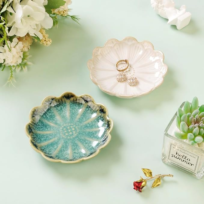 Lotus Ring Holder Dish Small Indoor Ash Tray, Ceramic Dessert Plate Trinket Jewelry Holder Organizing Necklace Earrings for Parents Friends Sister, White. All Jewelries Are NOT Included.