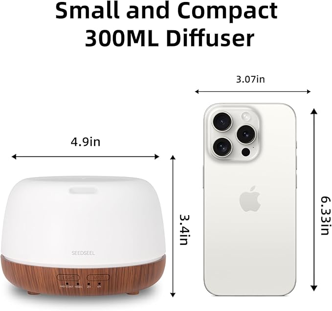 SEEDSEEL 300ML Essential Oil Diffuser, Mini Aromatherapy Diffuser with Remote Control, 7 Color Changing LED Light, 4 Timer for Bedroom, Room, Office