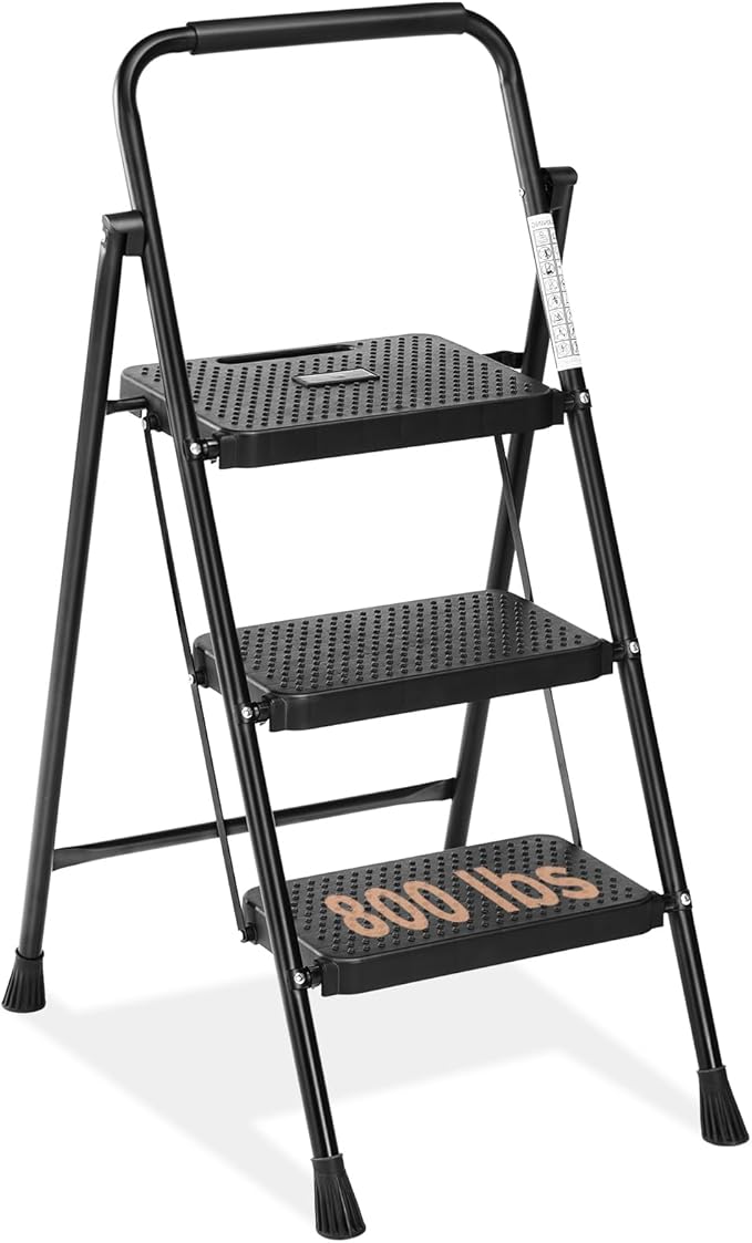 Sweetcrispy Folding 3 Step Ladder Stool - Lightweight, 800lbs Sturdy, with Anti-Slip Feet - Perfect for Home, Kitchen, and Office Use, Easy Storage and Portable Design