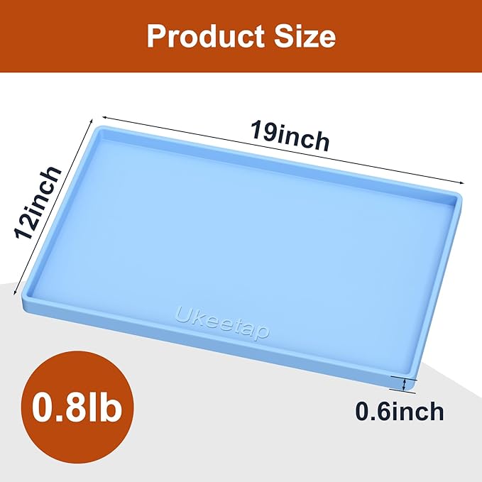 ukeetap Extra Thick Silicone Mat Waterproof with Raised Edge 19” x 12”, BPA Free Non-Slip Dog & Cat Food Mat, Feeding Mat for Food and Water Bowls, Spill Proof Mat to Protect Floors, Blue