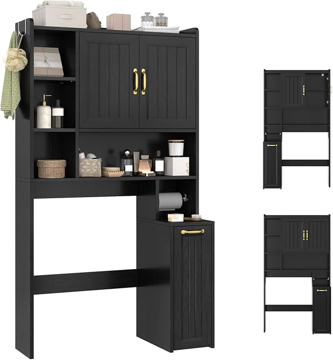 UPOSOJA Over The Toilet Storage Cabinet with Pulley, Bathroom Cabinet, Space Saver W/Adjustable Shelf Rack for Bathroom, Restroom, Laundry (Black-Type A)