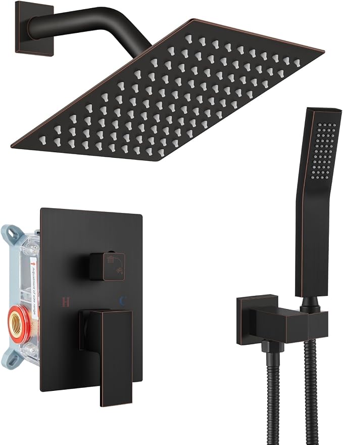 gotonovo Rainfall Bathroom Shower System Rain Shower Head and Handle Set Wall Mounted Shower Complete Combo Solid Brass Pressure Balancing Shower Mixer Valve 8 Inch Oil Rubbed Bronze