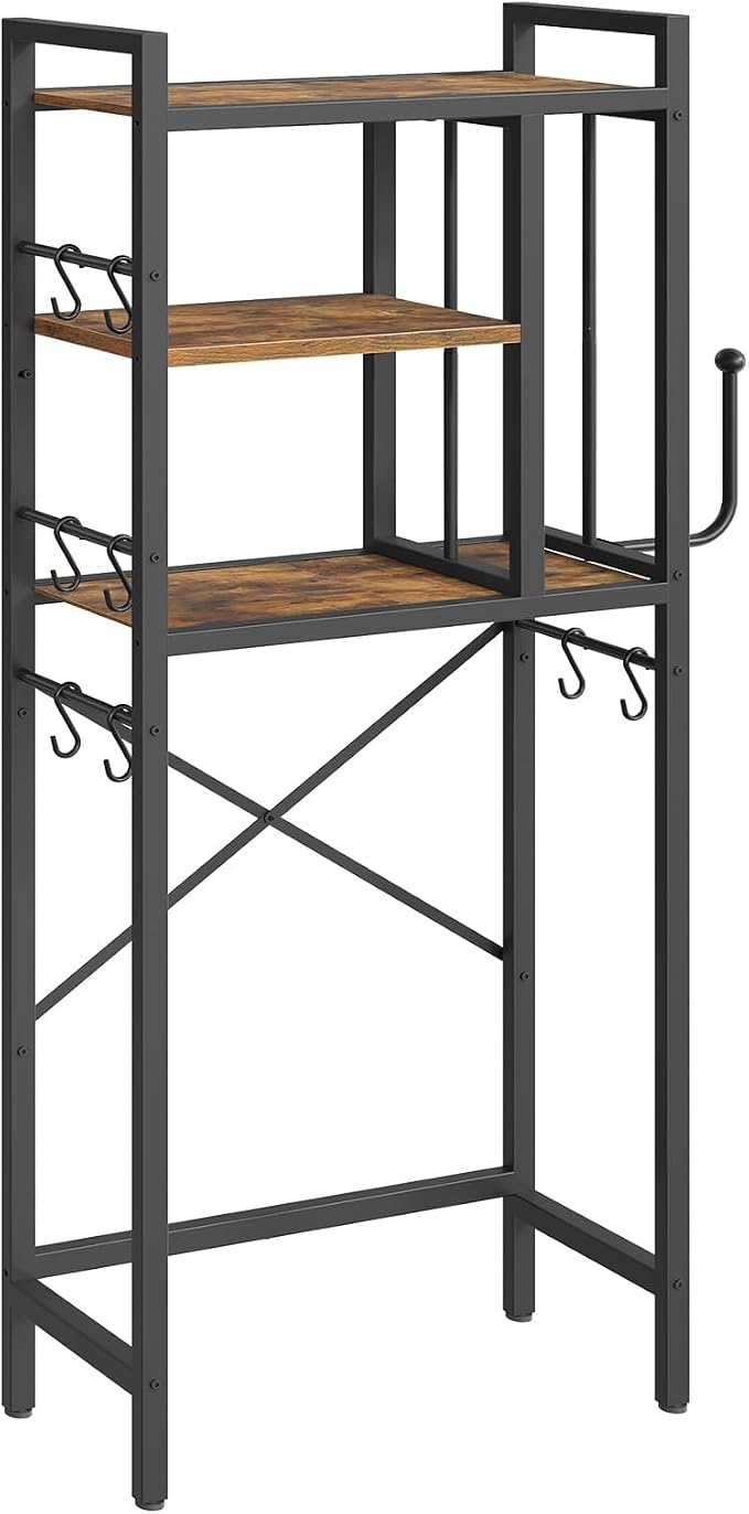 YATINEY Over The Toilet Storage Cabinet, 3-Tier Over The Toilet Storage Rack, Bathroom Organizer with Paper Holder 8 Hooks, Over The Toilet Shelf for Bathroom, Laundry, Rustic Brown and Black TR06BR