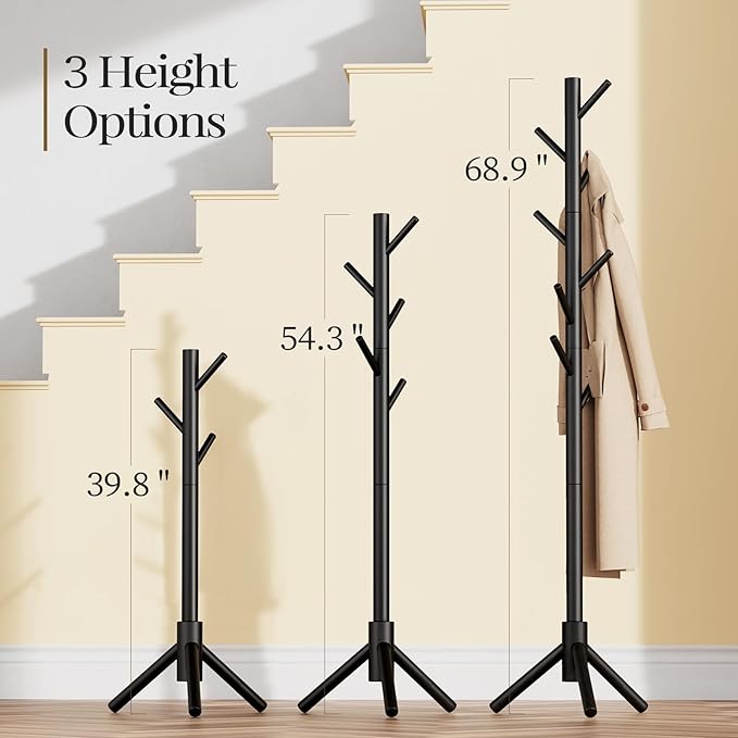 Pipishell Solid Wooden Coat Rack Freestanding, Hall Tree with 8 Hooks, 3 Height Options for Coats, Hats, Handbags, and Scarves, Tool-Free Assembly, Space Saving Design for Entryway, Office, Bedroom