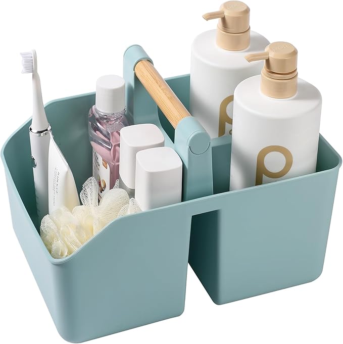 rejomiik Portable Shower Caddy Basket with Bamboo Handle, Plastic Cleaning Caddy Bathroom Organizer Tote for College Dorm Essentials, Bath Toy Storage, Blue