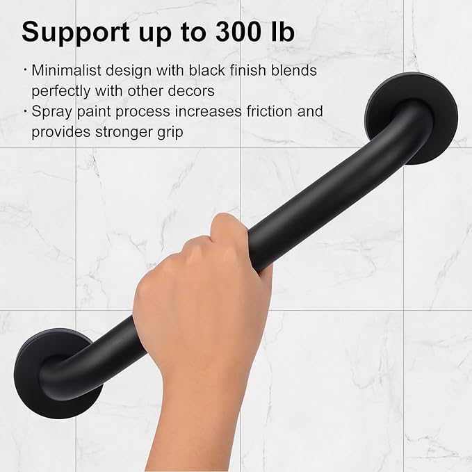 supregear Grab Bars for Wall, Bathroom Shower Handle for Seniors, 1 Inch Diameter 201 Stainless Steel Safety Hand Rail, Wall Mounted Toilet Bathtub Support, Black Finish, 16 Inch