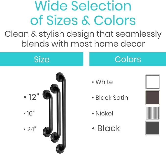 Vive Grab Bar for Showers - Bathroom Antislip Handrail for Seniors, Elderly Assistance Product, Heavy Duty Shower Handles, Handicap Grab Bars, Stainless Steel, Multipurpose, 440 lbs (Black)