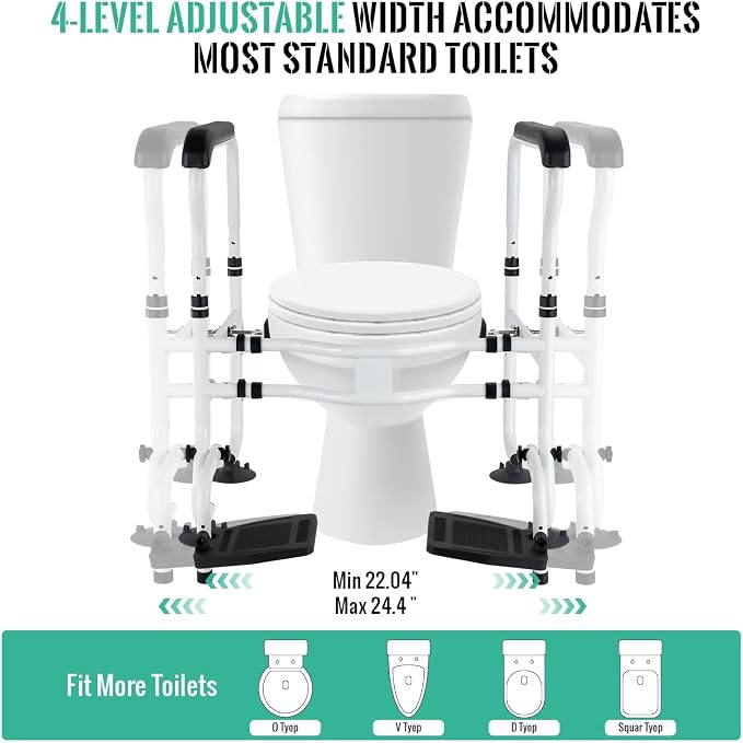 Toilet Safety Rails with Footrests, Adjustable Height & Width, Foldable Heavy Duty Toilet Safety Frame with Handles, Supports 500 lbs, Fits Most Standard Toilets-Suit for Elderly, Seniors & Disabled