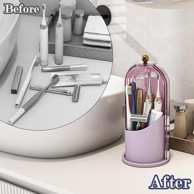 Toothbrush and Toothpaste Holders with Cover, All Pink | Waterproof and Dustproof, 360° Rotating Base, Smooth Sliding Door, 3 Slots, for Bathroom Countertop