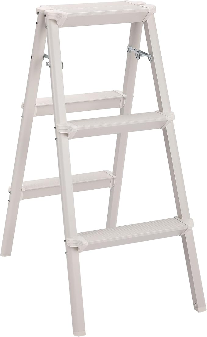 BIRDROCK HOME 3 Step Compact Steel Step Ladder - Sturdy Thin Folding Stool - Anti-Slip Steps - Great for Your Kitchen, Pantry, Closets, or Home Office - Indoor Stool - Silver