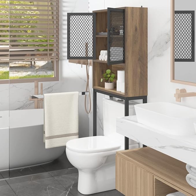 Launica Over the Toilet Storage Cabinet, Over Toilet Bathroom Organizer with Mesh Doors and Shelves, Freestanding Bathroom Storage Cabinet Above Toilet, Wood and Metal, Rustic Oak