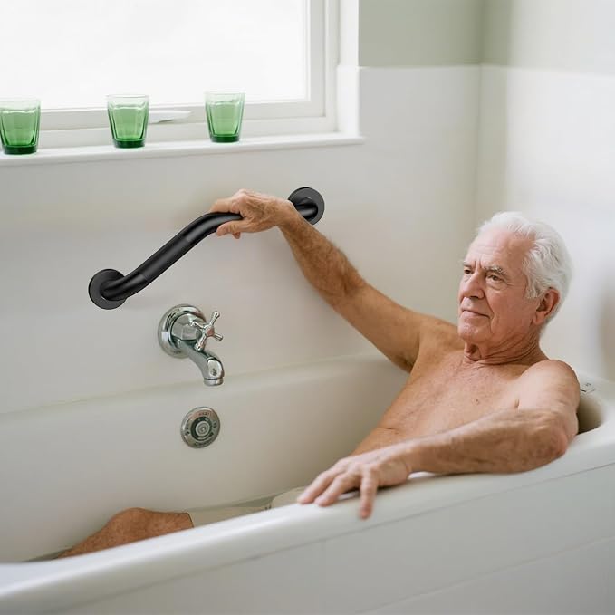 16 Inch Angled Shower Grab Bar,Munzong Black Anti Slip Bathroom Grab Bar, Knurled Bathroom Balance Bar,Safety Hand Rail Support Handicap Elderly Injury Senior Assist Bath Handle