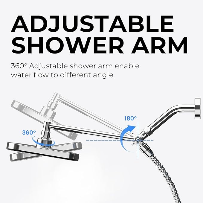 Wide Rain Shower Head With 5 Modes Handheld Showerheads, High Pressure Showerhead Combo with Extension Arm for Bathroom Accessories, Adjustable Shower Head with Anti-Clog Nozzles (Chrome)