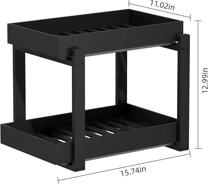 APRTAT 2 Pack Under Sink Organizer, Bamboo Wooden 2-Tier Pull-Out Storage with Sliding Drawers for Kitchen and Bathroom Cabinets, Easy Installation (Black, 2 Packs)
