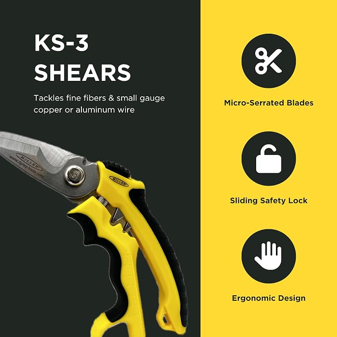 Miller KS‑3 Angle‑Head Kevlar Scissors & Cable Cutter – Fiber Optic Shears with Crimper, Micro‑Serrated Stainless Steel Blades, Cuts Copper & Aluminum Wire