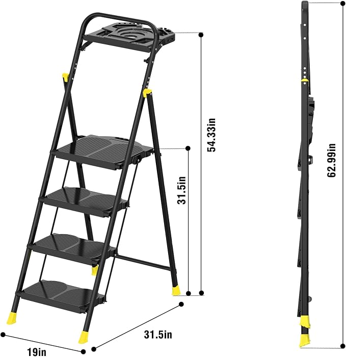 4 Step Foldable Step Ladder with Roomy Tool Tray, Platform Ladders Stepstools, Step Stool 4 Step Folding with Wide Non-Slip Pedals and 800lbs Bearing Capacity for Adults, Home, Kitchen, Black Yellow
