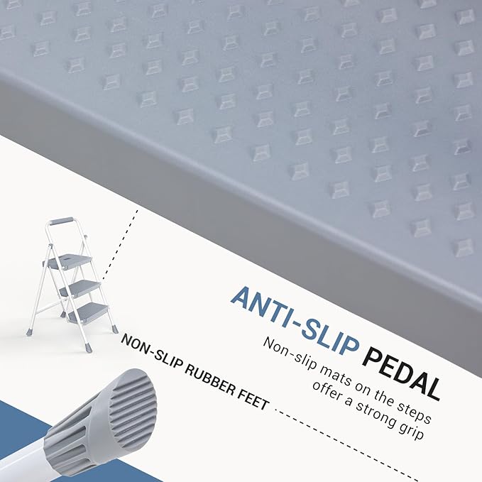 DUMOS Step Ladder, 3 Sturdy Step Stool with Anti-Slip Pedal & Comfortable Handrail, Portable Heavy Duty Step Stool for Kitchen, Garage & Outdoor Use, 800lbs, Pale Grey