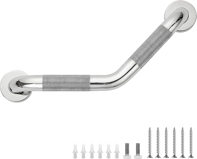 Grab Bars for Bathtubs and Showers- 1-1/4 x 16 Angled Shower Grab Bar for Seniors Knurled Stainless Steel Handicap Grab Bars for Wall, 15" Hole Center (Polished Nickel, 1 Pack)