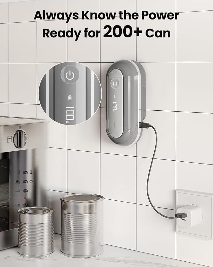 Canslab RETRO Electric Can Opener, Auto-Stop One-Touch Operation, USB Rechargeable with LED Battery Track, Side Cut Smooth Edge Can Opener for Seniors with Arthritis, Wall-Mountable Small Size, Grey