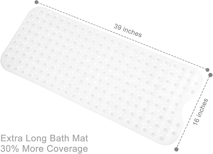TEESHLY Bath Tub and Shower Mats, Non-Slip 39 x 16 Inch Extra Long Bathtub Mat, Machine Washable BathMat with Drain Holes, Suction Cups for Bathroom (Opaque White)