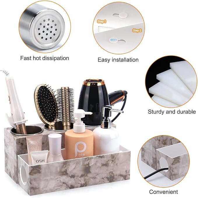 GFWARE Marble Hair Tool Organizer - Bathroom Vanity Storage for Hot Tools, Hair Dryer, Curling Iron, Flat Iron & Straightener