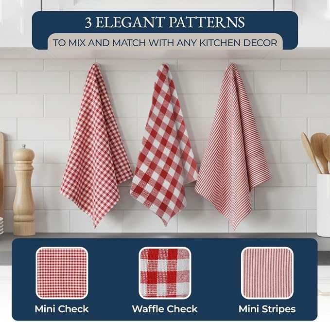 LANE LINEN Cotton Kitchen Towels and Dishcloths 20 Pack - Large Dish Towels Set for Holiday Hosting, Fast Drying Dish Rags, Flour Sack Towels, Versatile Scrubbers & Oven Mitts with Pot Holders - Red
