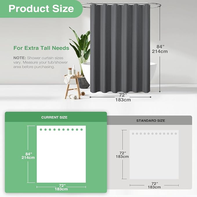 Dynamene Extra Long Shower Curtain - 84 Inch Long Charcoal Grey Waffle Weave Heavy Duty Fabric Bathroom Shower Curtain, Neutral Weighted Hotel Thick Bath Curtain Set with 12 Plastic Hooks,72x84
