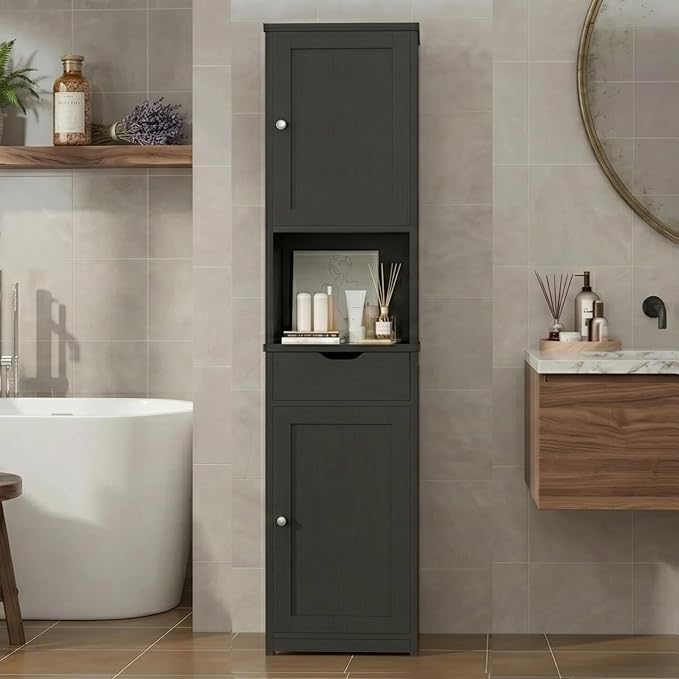 Vongrasig Tall Bathroom Storage Cabinet, 64”H Narrow Storage Unit for Small Spaces, Freestanding Modern Cabinet with Adjustable Shelves for Bathroom, Living Room, Black