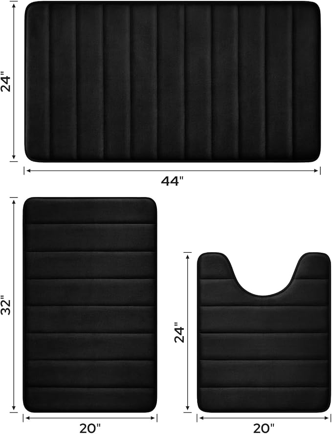 BYSURE Black Memory Foam Bath Mats, Non Slip Extra Soft Absorbent Machine WashableToilet Bathroom Rug Set 3 Piece (20"x32"+24"x44"+U Shape 20"x24")