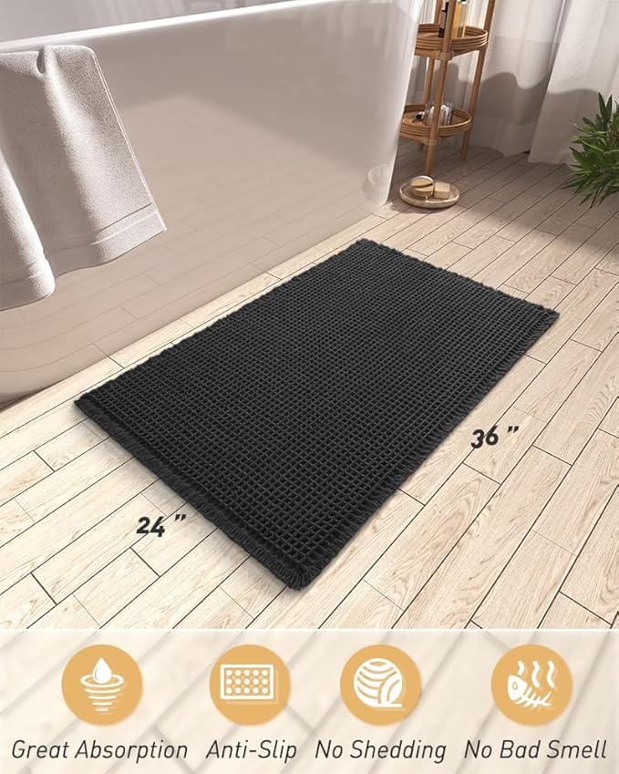AMOAMI Upgraded Waffle Bath Mat, Super Absorbent Non Slip Bath Mats for Bathroom Floor, Washable Bathroom Rugs with Tassels, Rubber Backed Bathroom Mats, Ultra Soft, 24" x 36", Black