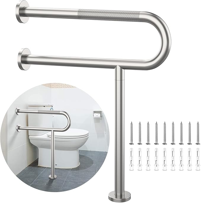 Toilet Support Rail 24 Inch, Munzong Anti-Slip Satin Brushed Nickel Handicap Grab Bar for Bathroom, Stainless Steel Knurled Safety handrails with Leg for Elderly Disabled Pregnant-1.25’Tube