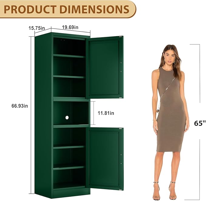Tall Metal Narrow Bathroom Storage Cabinet 67" H, Tall Green Pantry Cabinets with 4 Adjustable Shelves and 2 Doors for Kitchen, Home Office, Living Room, Dining Room(20 inches Wide)