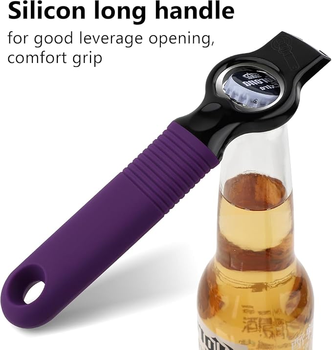2-Pack Magnetic Beer Bottle Opener & Soda Can Opener, 2-in-1 Bottle Opener and Can Tab Opener Tool for Bartender, Long Nails, Arthritis, Silicone Handle with Build in Magnet - Dark Purple