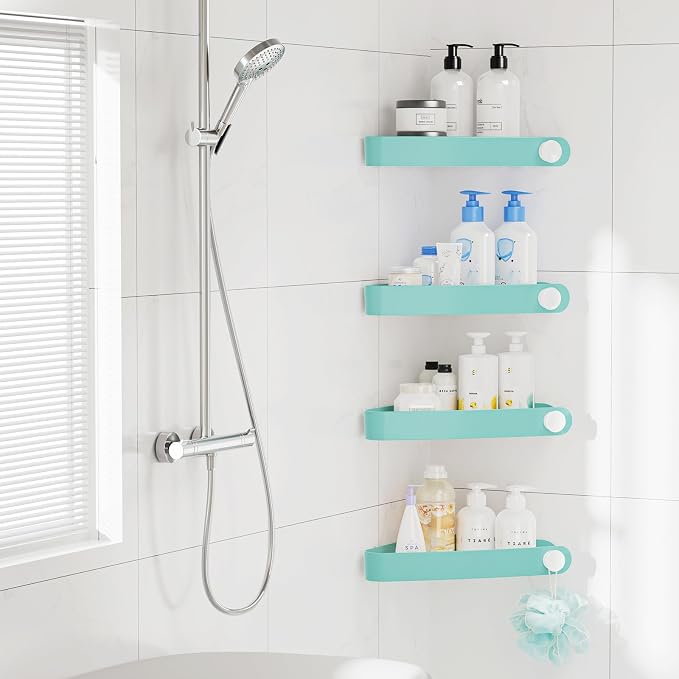 Sotfamily Plastic Shower Caddy Corner (for 90° Only), 4 Pack Adhesive Corner Shower Shelves for Bathroom Organizers and Storage, Turquoise