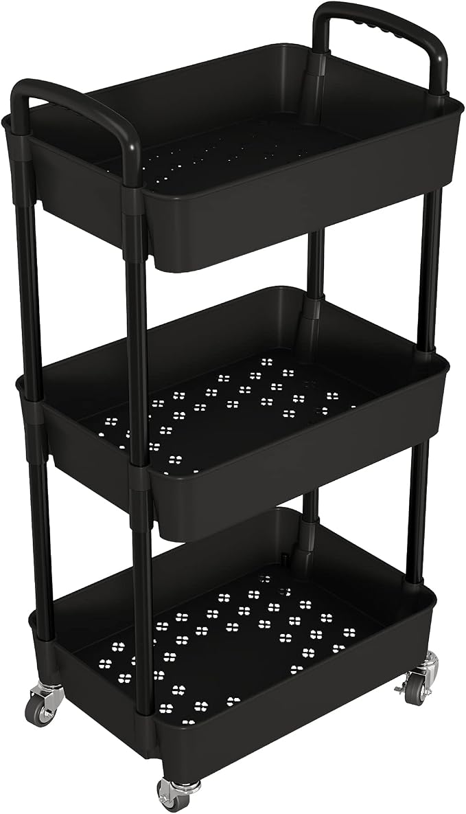 Laiensia 3-Tier Storage Carts,Multifunction Utility Rolling Cart Kitchen Storage Organizer,Mobile Shelving Unit Cart with Lockable Wheels for Bathroom,Laundry,Living Room,With Classified Sticker,Black