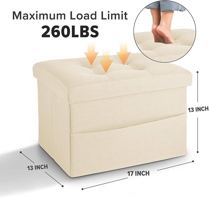 LINMAGCO Storage Ottoman Folding Foot Stool Foot Rest with Side Pocket Modern Ottoman with Storage Short Sofa Stool Linen Cloth 17x13x13(Beige)
