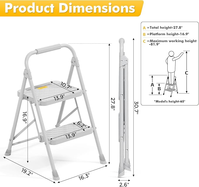 KINGRACK 2 Step Ladder, Folding Step Stool with Safety Lock & Sturdy Anti-Slip Pedals, Pass 800lbs Load Testing, Lightwegiht, Portable Steel Ladder with Handrails for Home, Kitchen, Garage, Office