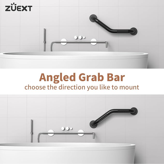 16 Inch Angled Grab Bar, ZUEXT Anti Slip Black Shower Grab Bar Handles, Stainless Steel Knurled Bathroom Balance Bar, Safety Hand Rail Support,Handicap Elderly Injury Senior Assist Bath Handle