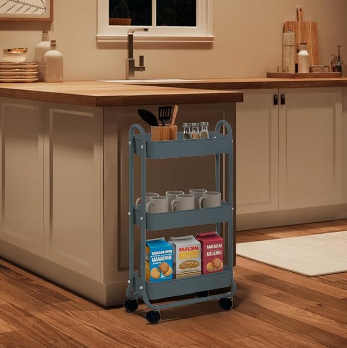 SunnyPoint Slim Rolling Storage Cart, 3 Tier Bathroom Storage Organizer Bathroom, Laundry Utility Cart (Blue)