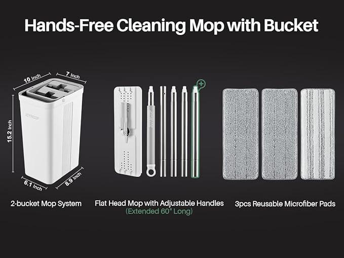 JOYMOOP Flat Mop System, Microfiber Mop and Bucket Set, White, Household & Commercial Floor Cleaning Mop with Long Handle, Includes 3 Microfiber Pads