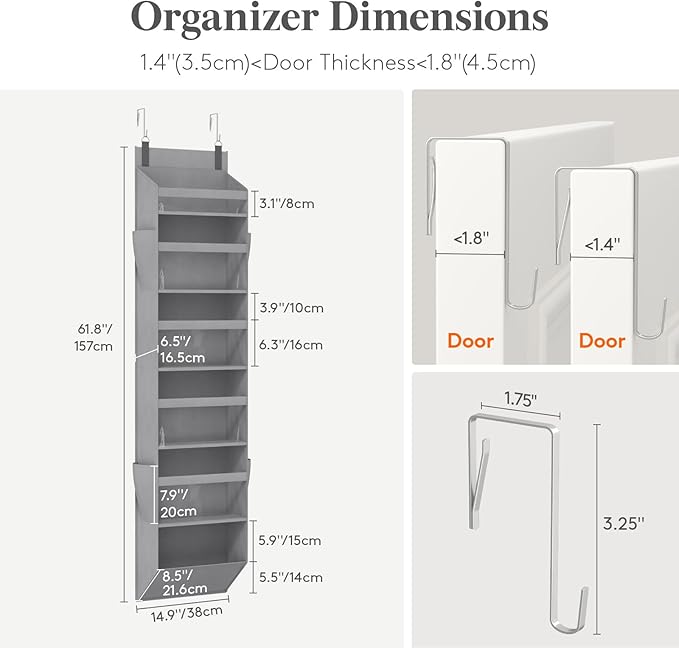 Lifewit 1 Pack Over the Door Organizer, 6 Section Clear Window Hanging Storage with 4 Side Pockets, Sturdy Anti Tilt 40 lbs Load Behind Door for Closet, Bedroom, Bathroom, Nursery, Dorm, Gray