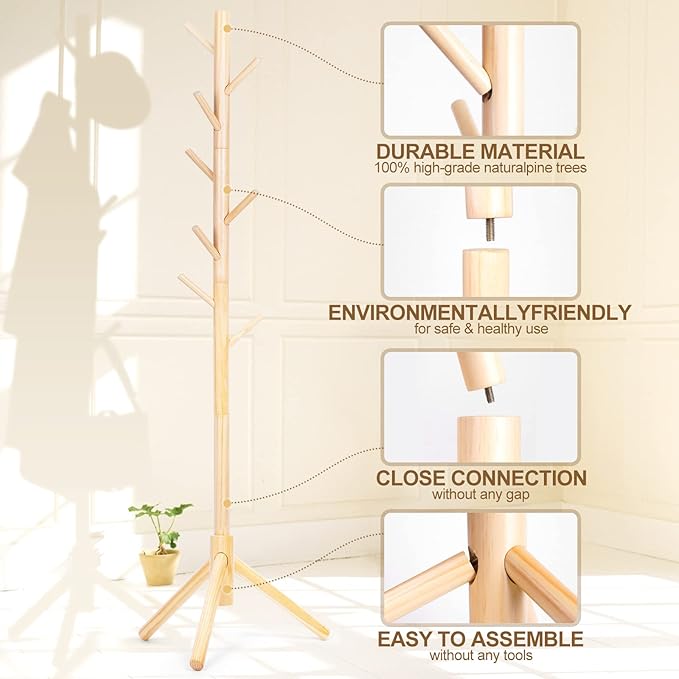 2 PC Wooden Coat Rack Freestanding with 8 Hooks & 3 Adjustable Sizes for Clothes, Space-Saving Design for Bedroom Office Entrance Holds Hats Coats Scarves Bags